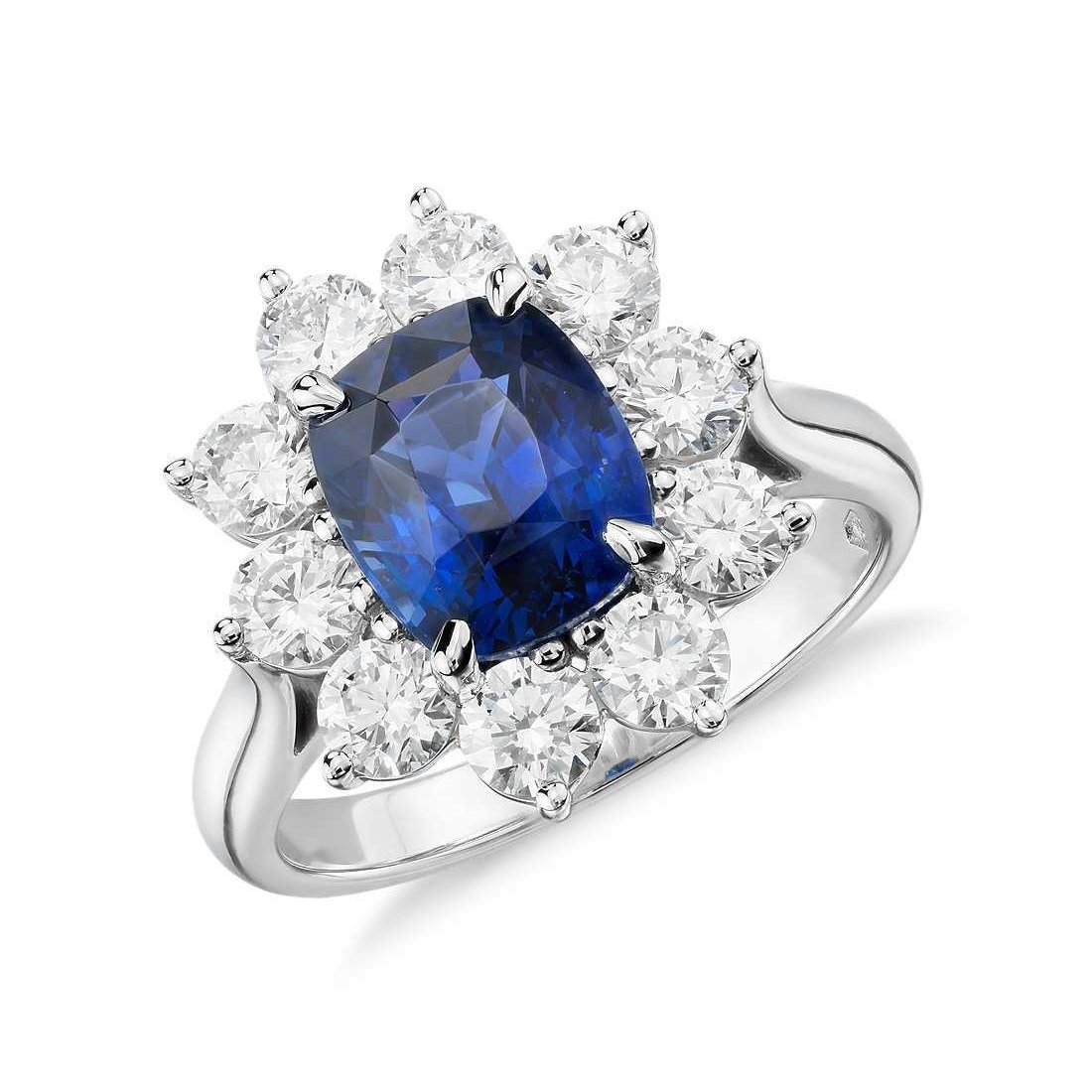 64727 Cushion Cut Sapphire with Diamonds 3.50 CT Anniversary Ring, White Gold - Size 6.5