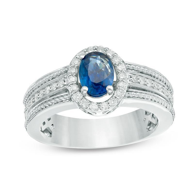 64728 Oval Sapphire with Diamonds 3.20 CT Anniversary Ring, White Gold - Size 6.5