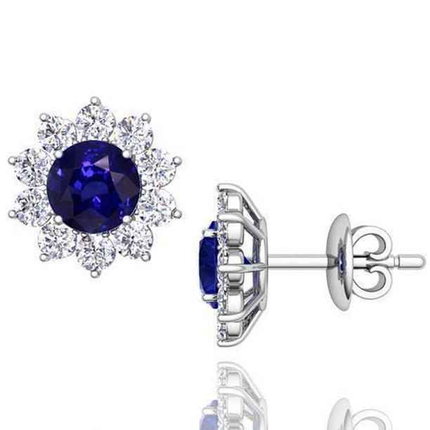 Round Cut 5 CT Sapphire & Diamonds Womens Stud Earring