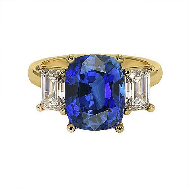 Picture of Harry Chad Enterprises 65601 9 CT Yellow Gold 3 Stone Cushion Ceylon Sapphire & Diamonds Ring&#44; Size 6.5