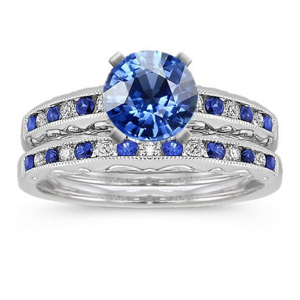65620 9 CT Genuine Diamond Engagement Ring Set with Blue Sapphires, Gold - Size 6.5