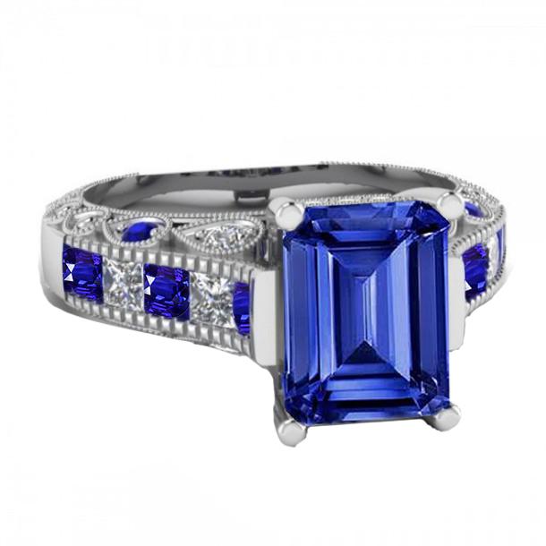 Picture of Harry Chad Enterprises 65625 11.50 CT Vintage style Emerald Cut Ceylon Sapphire Diamond Ring&#44; Size 6.5