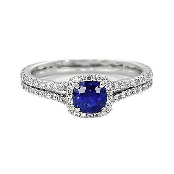 Picture of Harry Chad Enterprises 65629 3.20 CT Halo Cushion Ceylon Sapphire & Diamond Engagement Ring Set&#44; Size 6.5