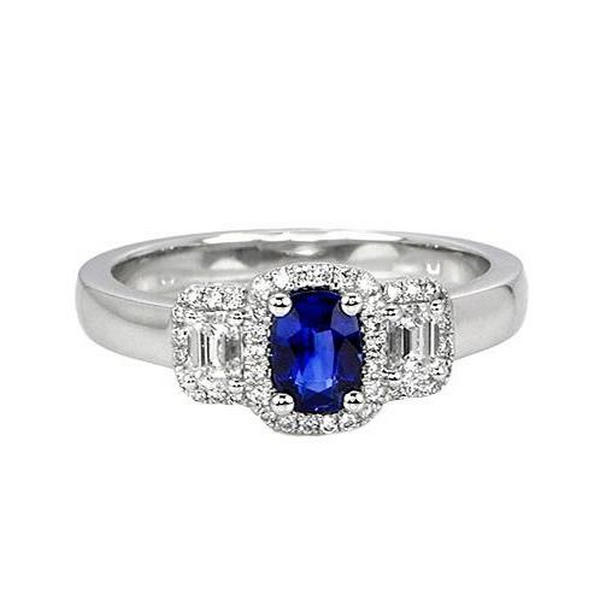 Picture of Harry Chad Enterprises 65630 5 CT 3 Stone Style Blue Sapphire & Halo Diamond Ring&#44; Size 6.5