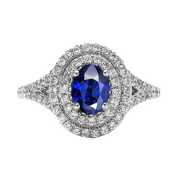 Picture of Harry Chad Enterprises 65633 11.25 CT Double Halo Diamond Ring with Oval Blue Sapphire&#44; 14K Gold - Size 6.5