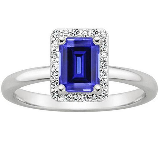 66111 4 CT Diamond Emerald Ceylon Sapphire & Diamond Halo Ring, Size 6.5
