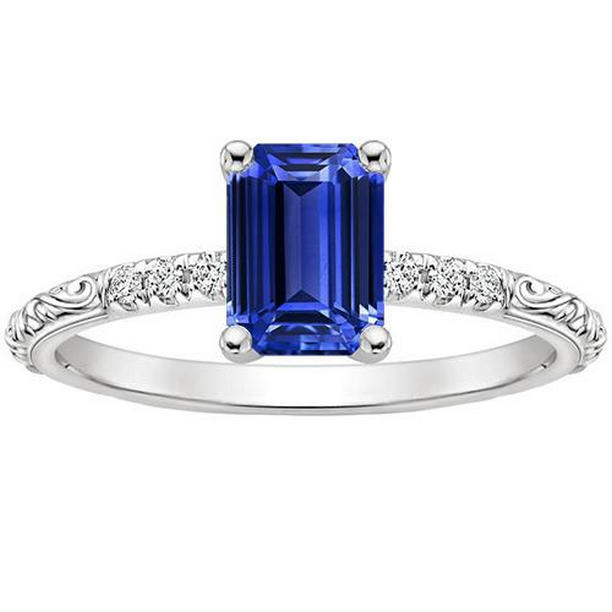 3.50 CT Emerald Gemstone with Accents Blue Sapphire & Diamond Ring, Size 6.5