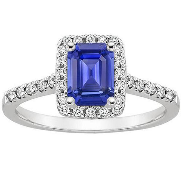 66120 4.25 CT Emerald Cut Blue Sapphire Halo Ring with Diamond, Size 6.5