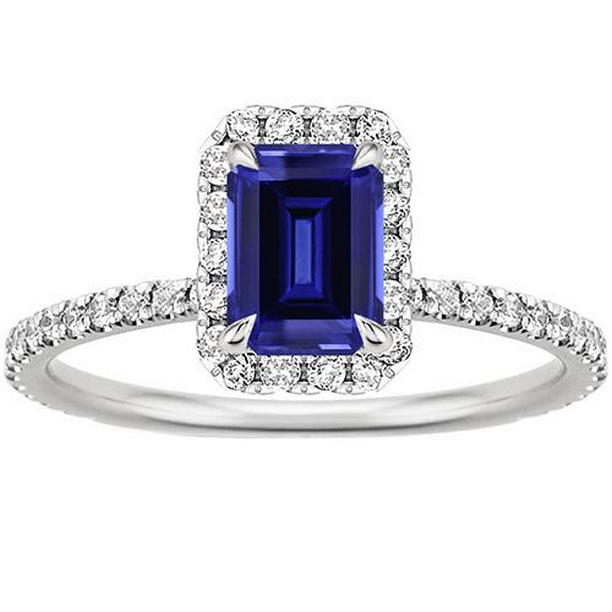 4.25 CT Emerald with Accents Blue Sapphire & Diamond Halo Ring, Size 6.5