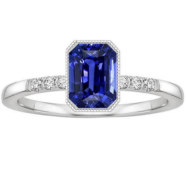 Picture of Harry Chad Enterprises 66128 3.50 CT Radiant Cut Bezel Set Ceylon Sapphire & Diamond Ring&#44; Size 6.5