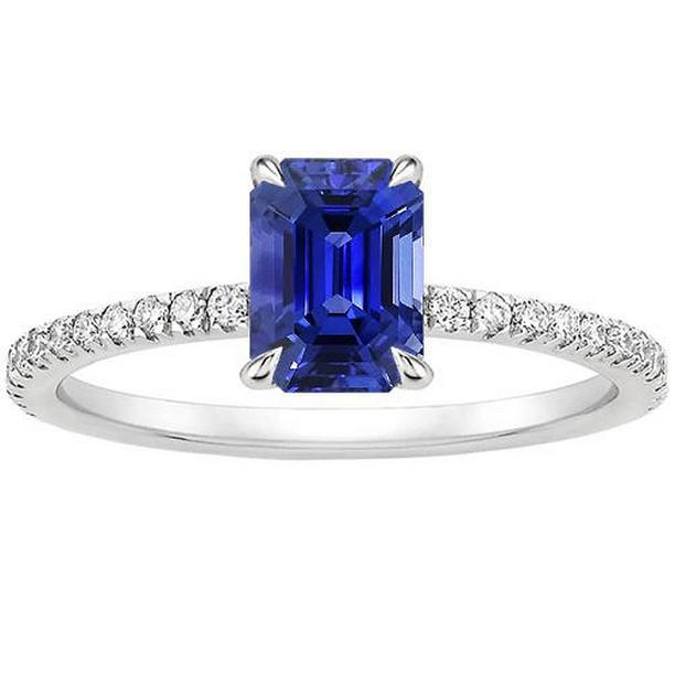 66131 White Gold Diamond & Emerald Blue 4 CT Pave Setting Sapphire Ring, Size 6.5