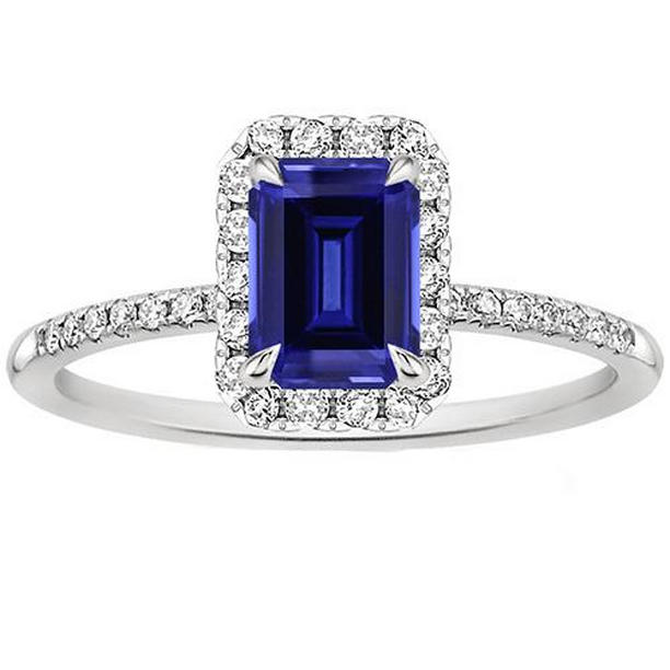 Picture of Harry Chad Enterprises 66133 4.25 CT Halo Fancy Emerald Cut Sri Lankan Sapphire Diamond Ring&#44; Size 6.5