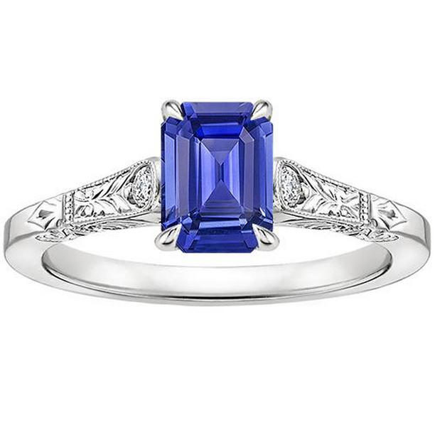 66134 Blue Sapphire & Diamond 3 Stones 3.25 CT Emerald Cut Ring, Size 6.5