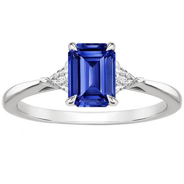 3.25 CT Trillion Diamond & Ceylon Sapphire Emerald 3 Stones Ring, Size 6.5