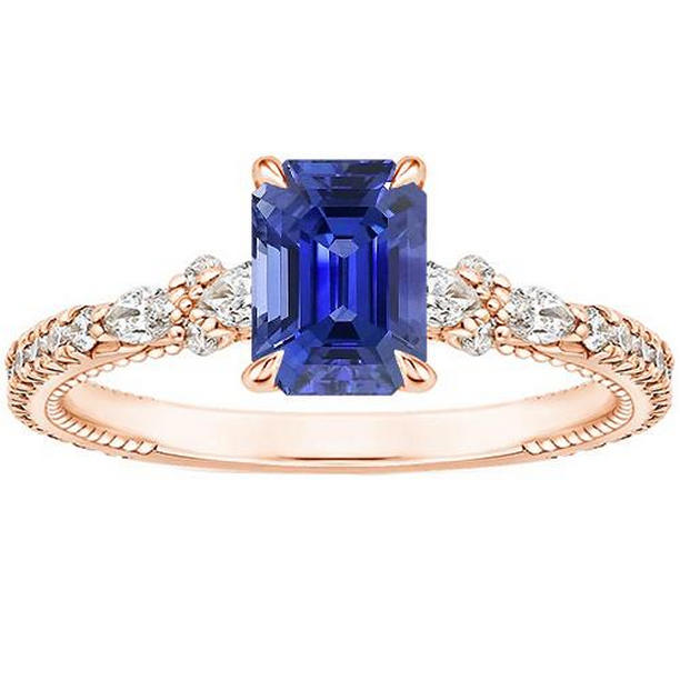 Picture of Harry Chad Enterprises 66147 4 CT Rose Gold Diamond Pave Setting Radiant Blue Sapphire Ring, Size 6.5