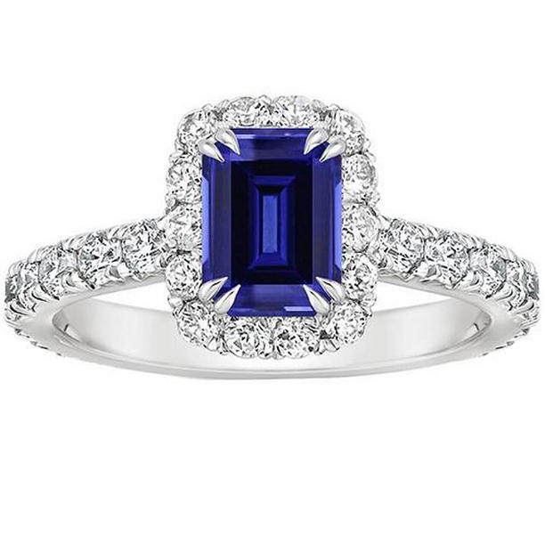 66149 5 CT Womens Emerald Sri Lankan Sapphire & Diamond Halo Ring, Size 6.5