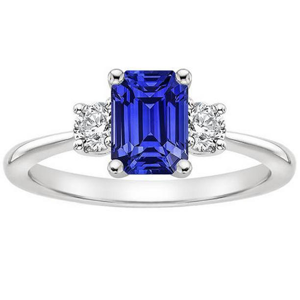 Picture of Harry Chad Enterprises 66151 3.50 CT Gemstone Three Stone Round Diamond & Ceylon Sapphire Ring&#44; Size 6.5