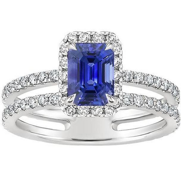 66154 5 CT White Gold Radiant Blue Sapphire & Diamond Halo Ring, Size 6.5