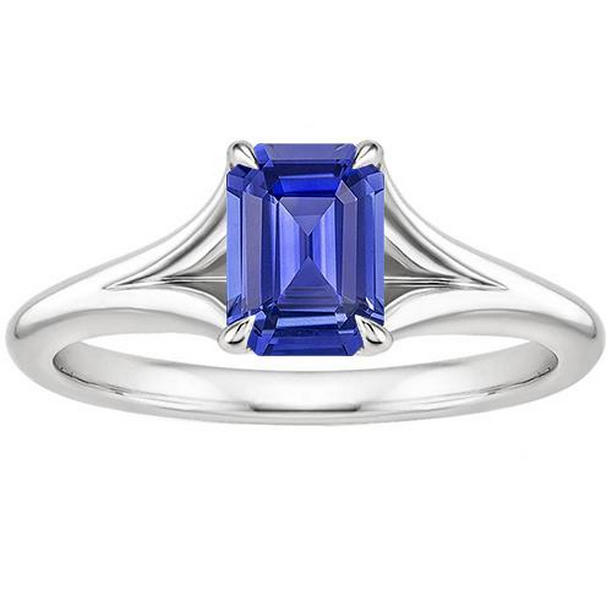66157 Sri Lankan Sapphire 3 CT Emerald Cut Solitaire Ring, 14K White Gold - Size 6.5