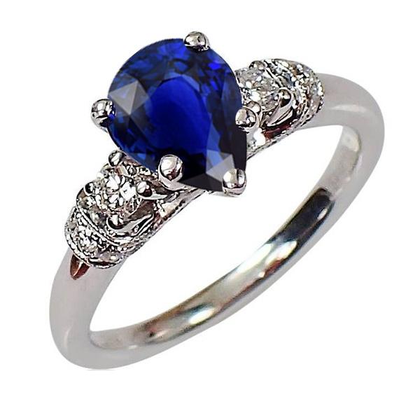 66605 2 CT 3 Stones Antique Style Pear Ceylon Sapphire & Diamonds Ring, Size 6.5