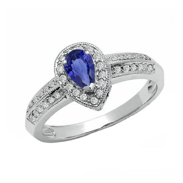 66606 2 CT Double Shank Pear Blue Sapphire & Diamonds Halo Ring, Size 6.5