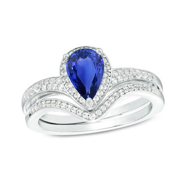 Picture of Harry Chad Enterprises 66610 2.75 CT Diamond Pear Ceylon Sapphire Engagement Ring Set, Size 6.5