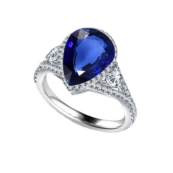66611 4 CT Bezel Set Pear Blue Sapphire & Diamond Accents Halo Ring, Size 6.5