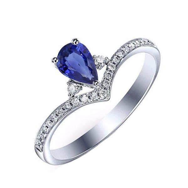 66613 2.50 CT 3 Stone Ring with Round Diamond Accents Pear Blue Sapphire, Size 6.5