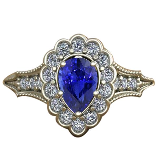 66617 Diamond Pear Sri Lankan Sapphire 3.25 CT Vintage Style Halo Ring, Size 6.5