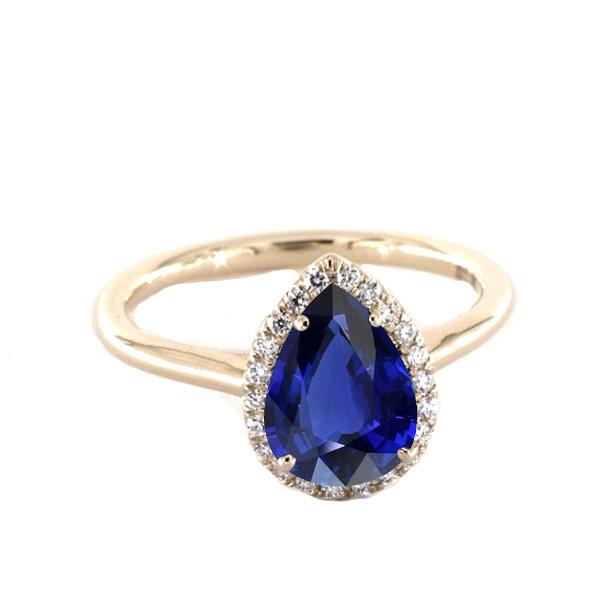 Halo Ring Pear Cut Ceylon Sapphire & Diamonds 3 CT Prong Set, Size 6.5