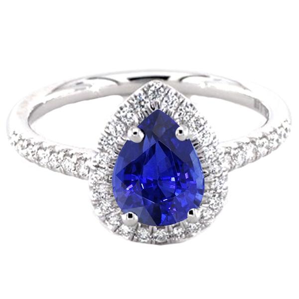 66626 3.25 CT Anniversary Pear Blue Sapphire & Diamonds Halo Ring, Size 6.5