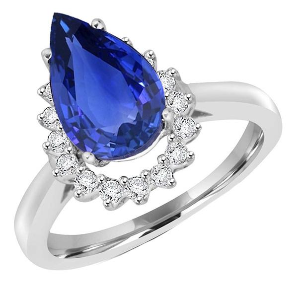 4.25 CT Diamond Halo Pear Ceylon Sapphire Anniversary Ring, Size 6.5