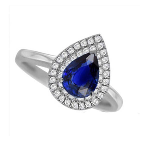 66635 3.75 CT Double Halo Pear Sri Lankan Sapphire Anniversary Ring, Size 6.5