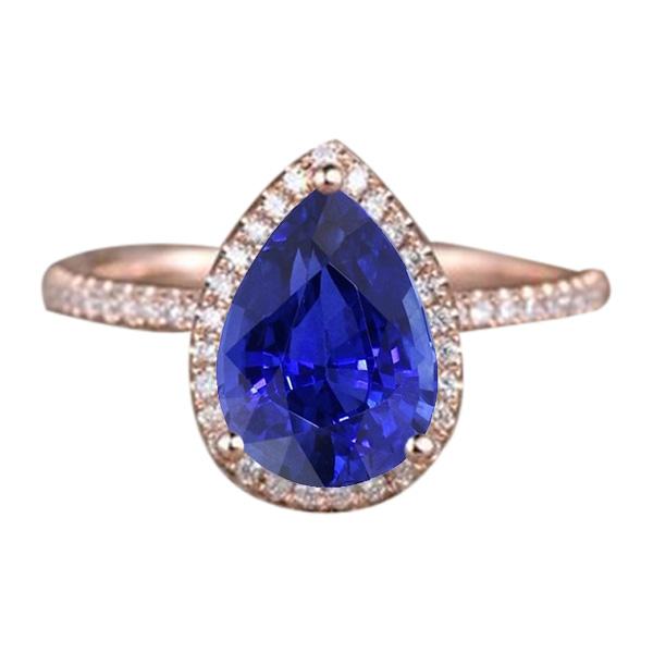 66640 3.75 CT Teardrop Style Ceylon Sapphire & Diamonds Halo Ring, Size 6.5