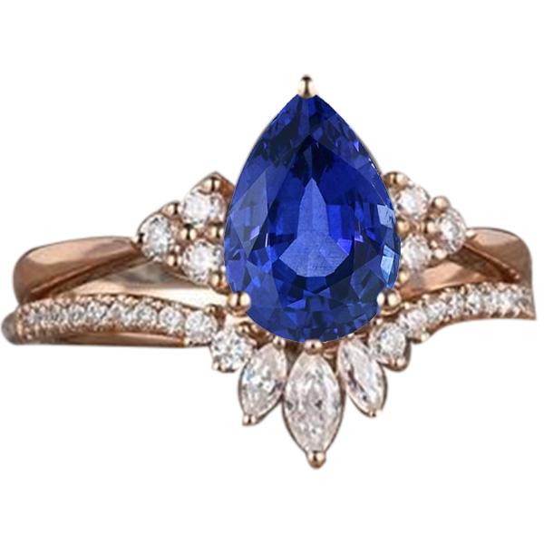 66641 4 CT Diamond Set Blue Sapphire Marquise & Round Wedding Ring, Size 6.5