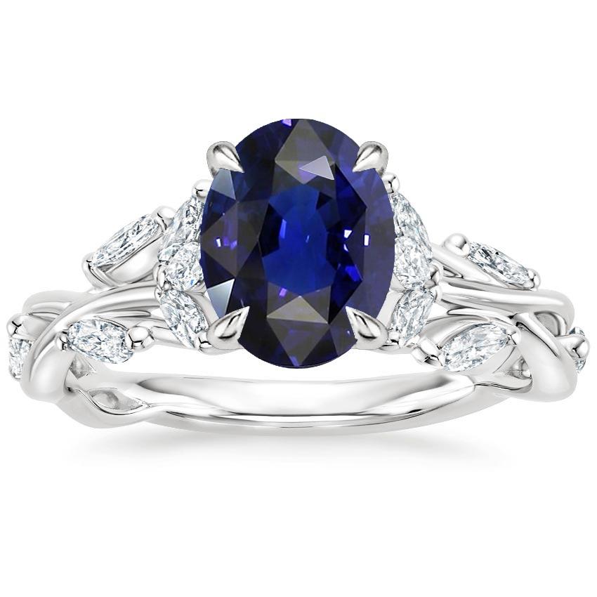 5 CT Diamond Leaf Style Oval Cut Blue Sapphire Gemstone Ring, Size 6.5