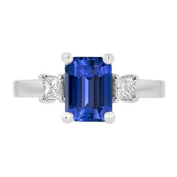 67080 2.50 CT White Gold 3 Stone Blue Sapphire & Princess Diamonds Ring, Size 6.5