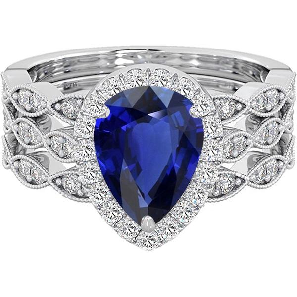 67081 4.50 CT Halo Pear Cut Set Blue Sapphire Vintage Style Wedding Ring, Size 6.5