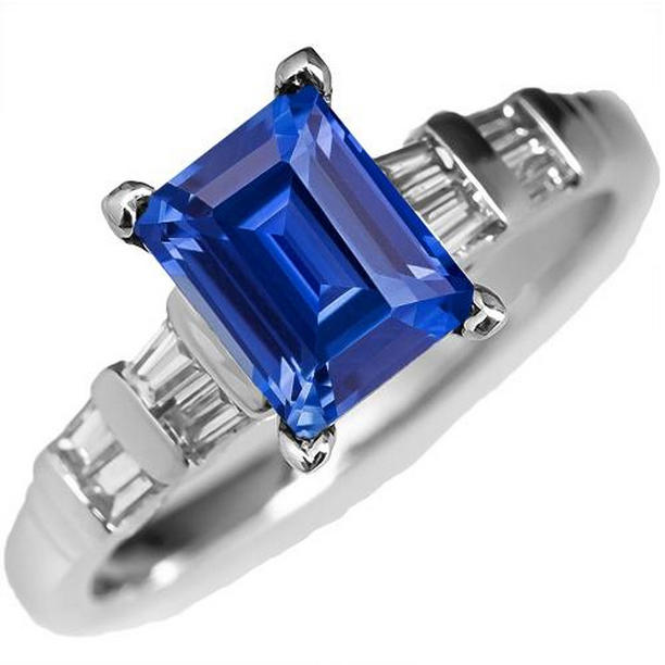 3 CT Gold Emerald Ceylon Sapphire Ring with Baguette Diamonds, Size 6.5