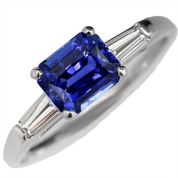 67086 2 CT Diamond Three Stone Radiant Ceylon Sapphire Ring, White Gold - Size 6.5