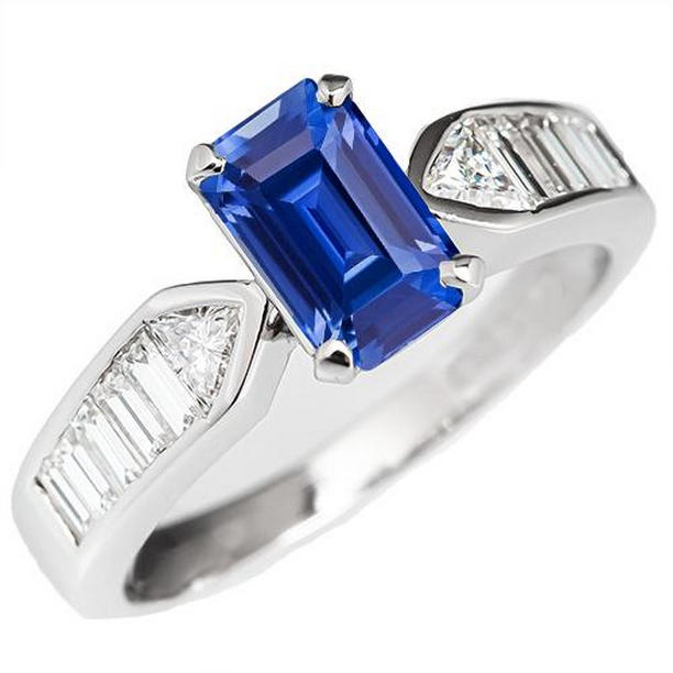 67089 3.50 CT Gemstone Blue Trillion & Baguettes Accented Sapphire Ring, Size 6.5
