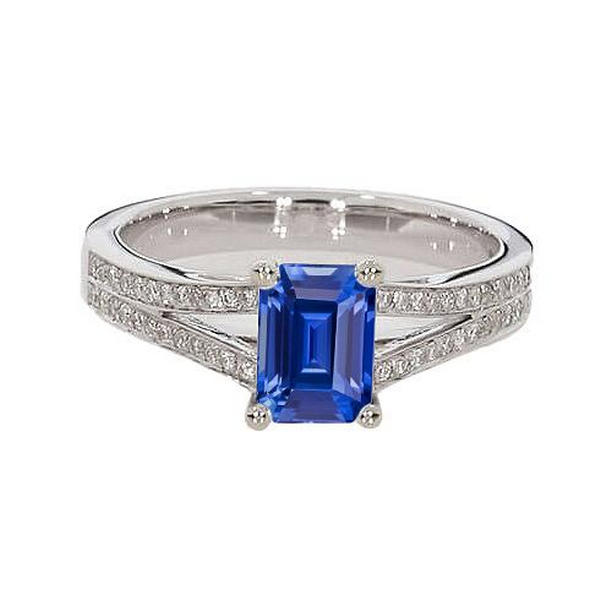 67097 3 CT Diamond Emerald Cut Blue Split Shank Sapphire Ring, Size 6.5