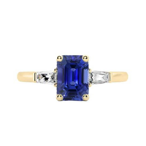 2.50 CT Yellow Gold Three Stone Emerald Blue Sapphire Ring, Size 6.5