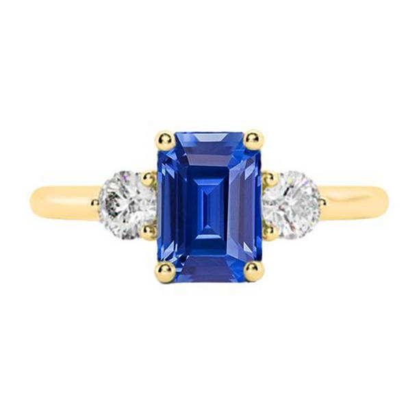 67104 3 CT Gold 3 Stone Emerald Ceylon Diamonds Sapphire Ring, Size 6.5