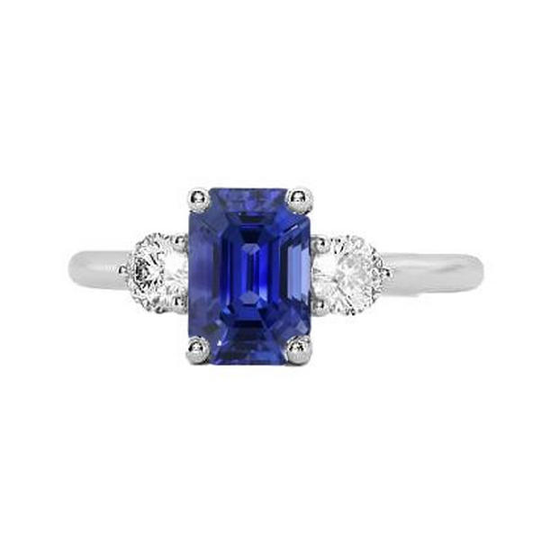 67108 3 CT 3 Stone Natural Blue Sapphire Emerald Ring & Diamonds, Size 6.5