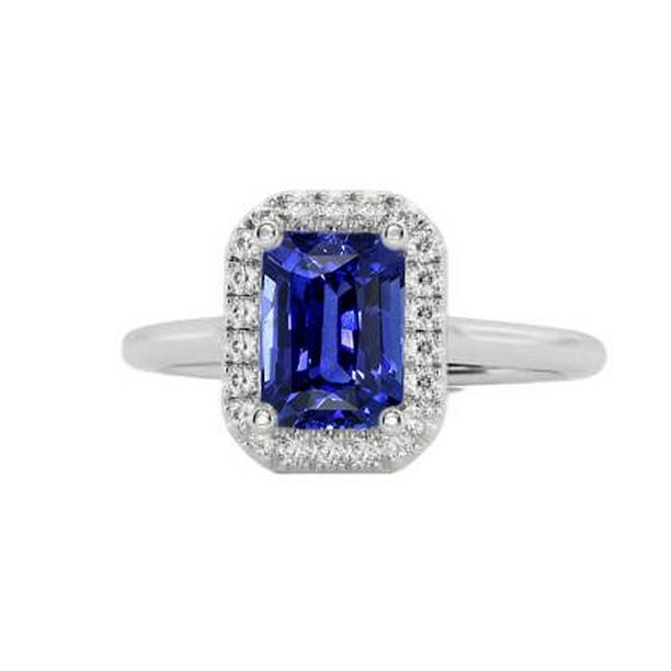 67109 3 CT Halo Diamond Blue Radiant Cut Sapphire Ring, 14K White Gold - Size 6.5