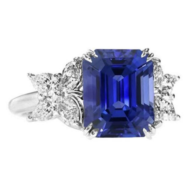 4 CT Ladies Diamond Emerald Cut Ceylon Sapphire Gold Gemstone Ring, Size 6.5