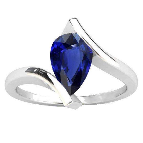 67127 2 CT Solitaire Pear Deep Blue 14K Gold Tension Style Sapphire Ring, Size 6.5