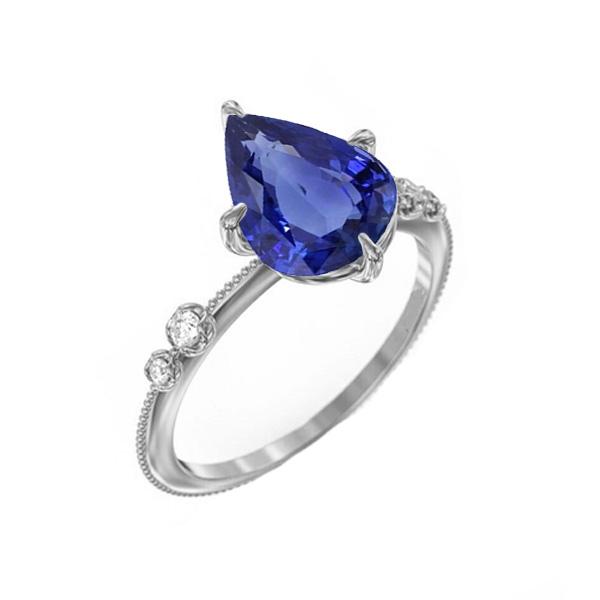 67129 2.50 CT Diamond Pear Ceylon Sapphire 5 Stone Anniversary Ring, Size 6.5