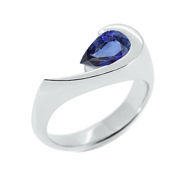 Pear Blue Sapphire 1 CT Half Bezel Set Solitaire Ring, White Gold - Size 6.5